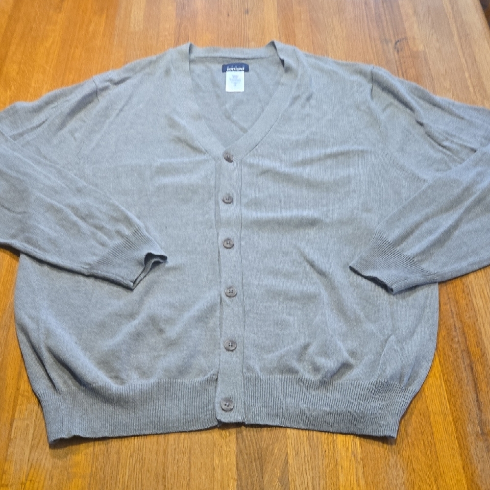 Basic Editions Men Large Gray V-Neck Button Down Ribbed Knit‎ Cardigan Sweater